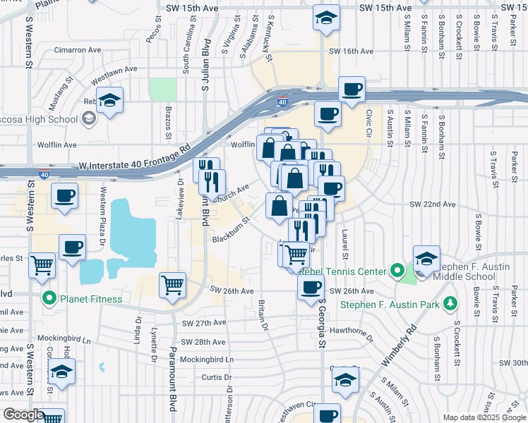 map of restaurants, bars, coffee shops, grocery stores, and more near 2927 Blackburn Street in Amarillo
