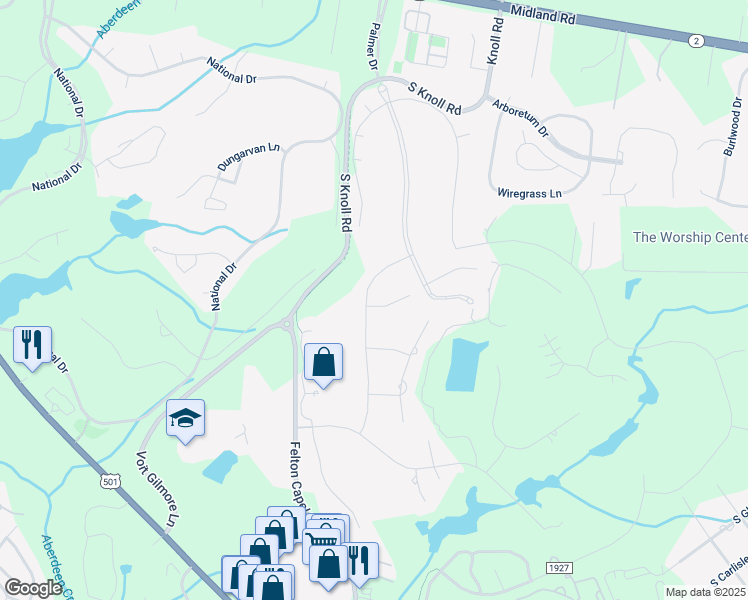 map of restaurants, bars, coffee shops, grocery stores, and more near 1 East Magnolia Court in Southern Pines