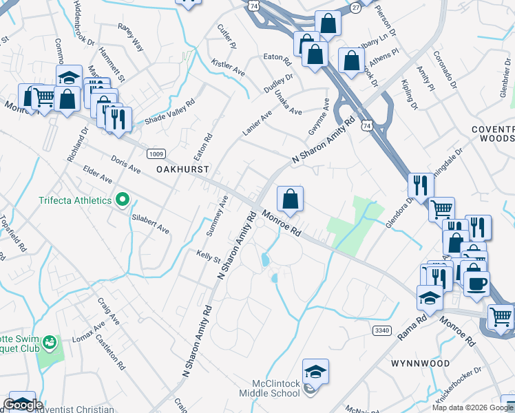 map of restaurants, bars, coffee shops, grocery stores, and more near Monroe Rd & N Sharon Amity Rd in Charlotte