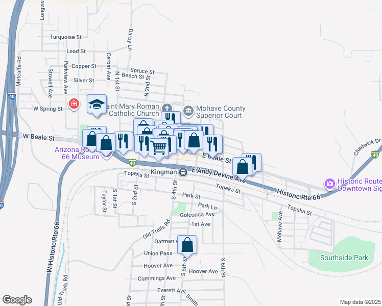 map of restaurants, bars, coffee shops, grocery stores, and more near 423 East Beale Street in Kingman