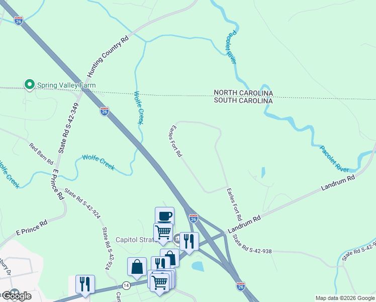 map of restaurants, bars, coffee shops, grocery stores, and more near 295 Earles Fort Road in Landrum