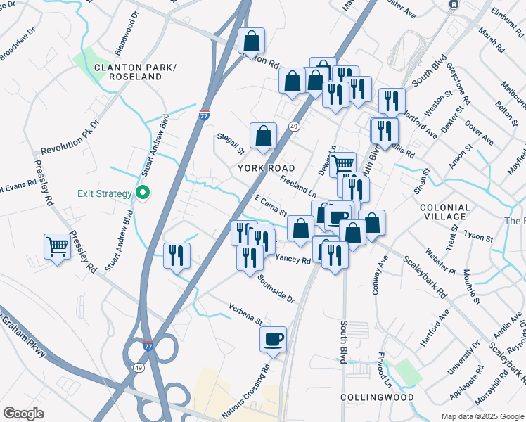 map of restaurants, bars, coffee shops, grocery stores, and more near 306 East Cama Street in Charlotte
