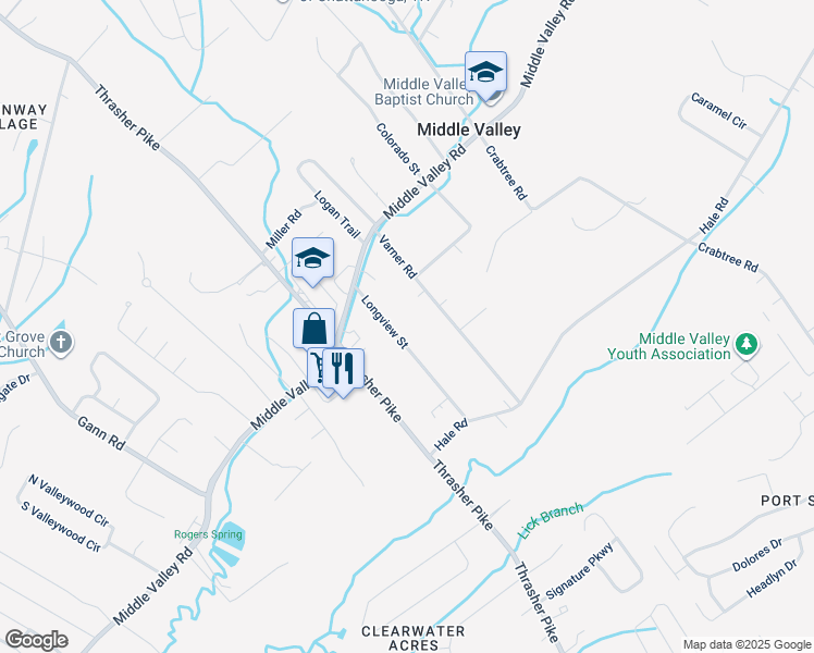 map of restaurants, bars, coffee shops, grocery stores, and more near 1715 Longview Street in Middle Valley