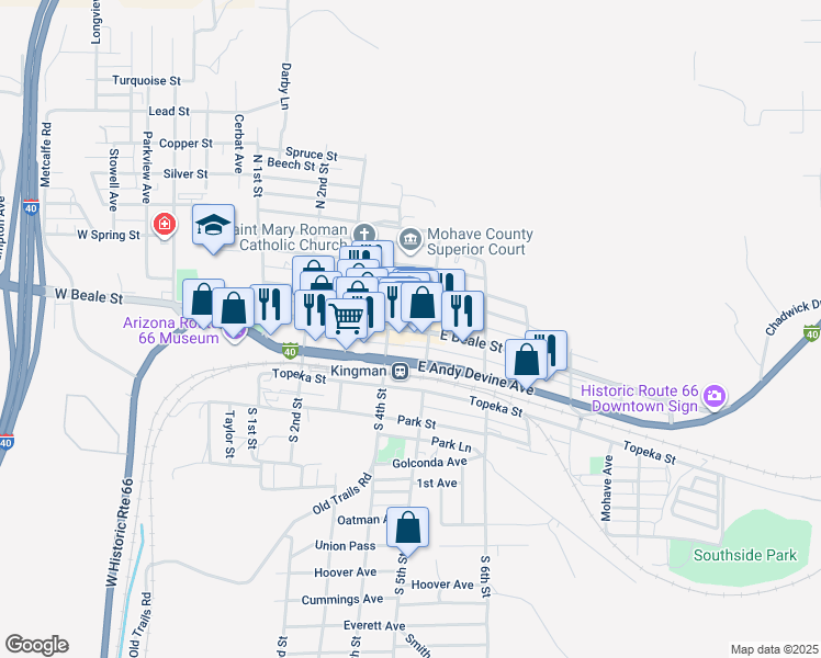 map of restaurants, bars, coffee shops, grocery stores, and more near 418 East Beale Street in Kingman