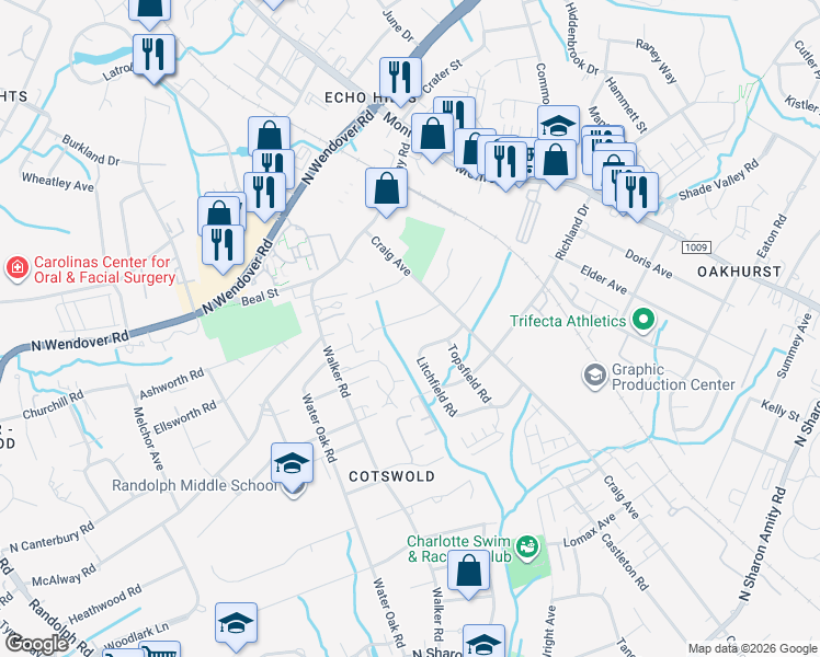 map of restaurants, bars, coffee shops, grocery stores, and more near in Charlotte