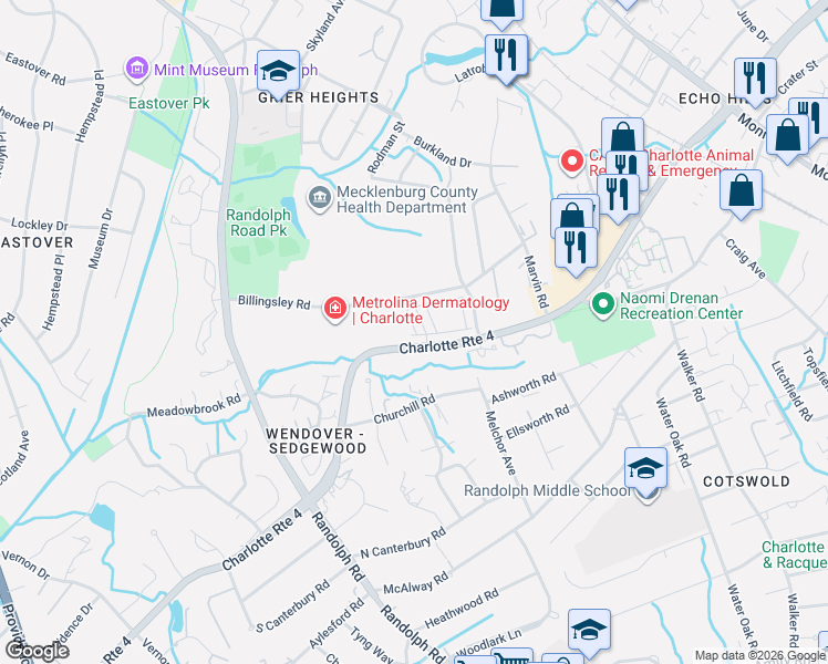 map of restaurants, bars, coffee shops, grocery stores, and more near 3711 Uwharrie River Road in Charlotte