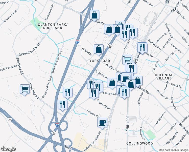 map of restaurants, bars, coffee shops, grocery stores, and more near in Charlotte