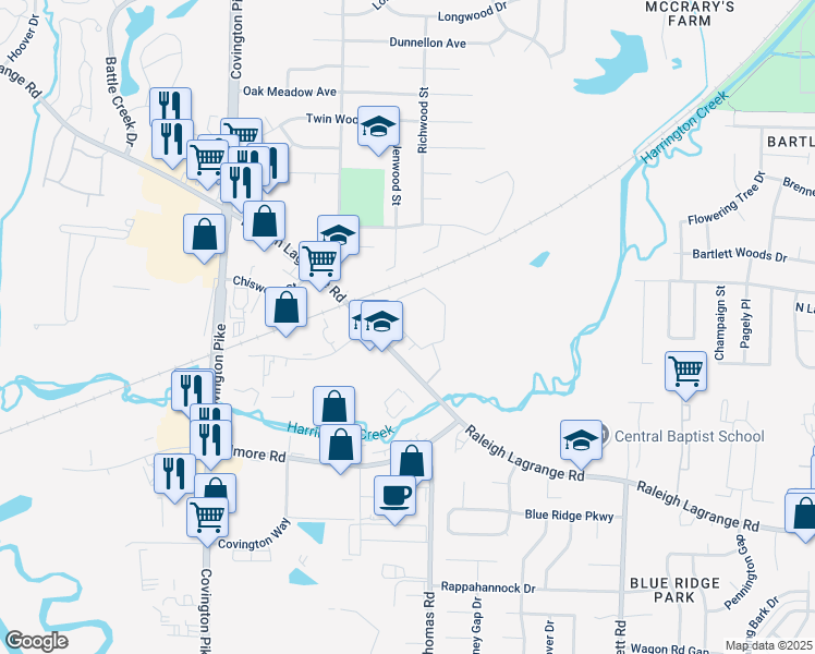 map of restaurants, bars, coffee shops, grocery stores, and more near 5210 Shelborne Circle in Memphis