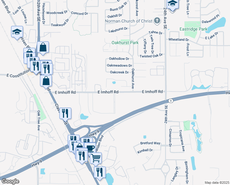 map of restaurants, bars, coffee shops, grocery stores, and more near 1800 East Imhoff Road in Norman