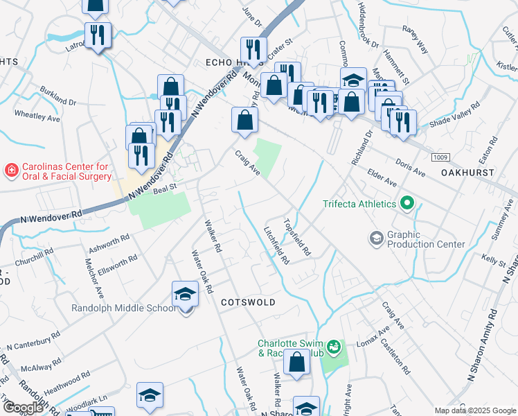 map of restaurants, bars, coffee shops, grocery stores, and more near in Charlotte