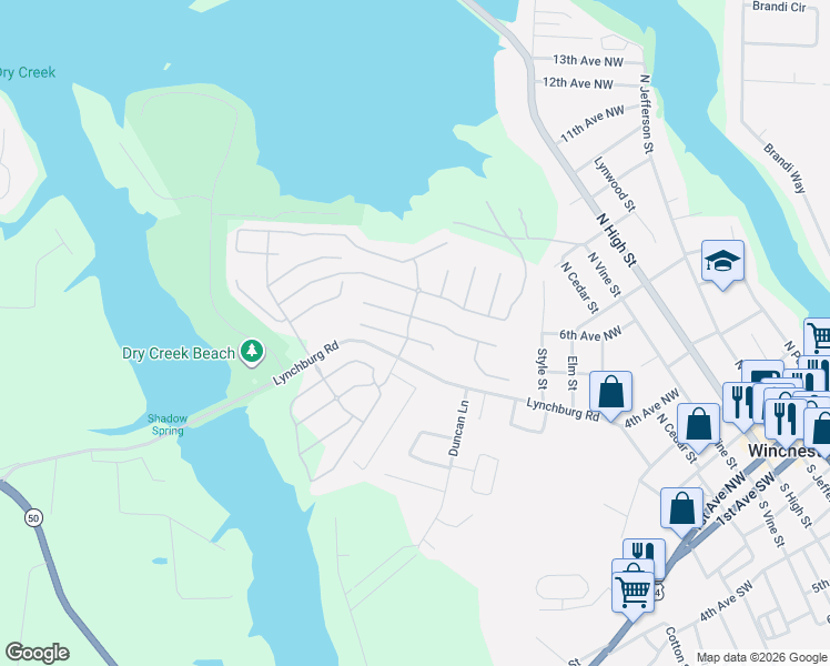 map of restaurants, bars, coffee shops, grocery stores, and more near 285 Bell View Lane in Winchester