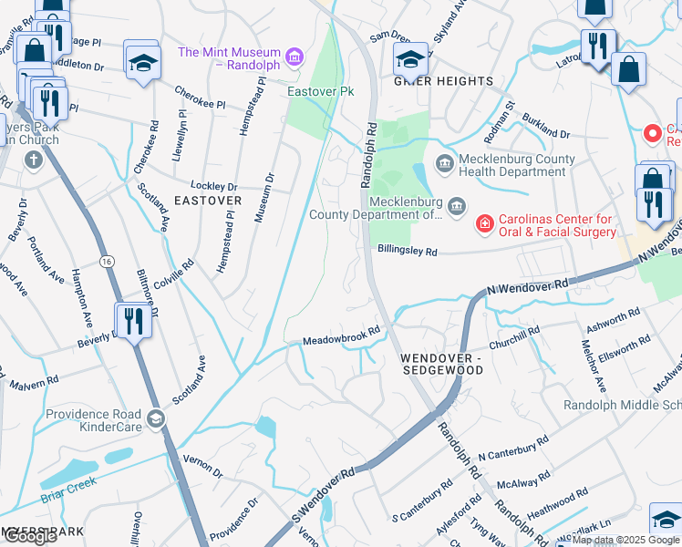 map of restaurants, bars, coffee shops, grocery stores, and more near 3715 Eastover Ridge Drive in Charlotte