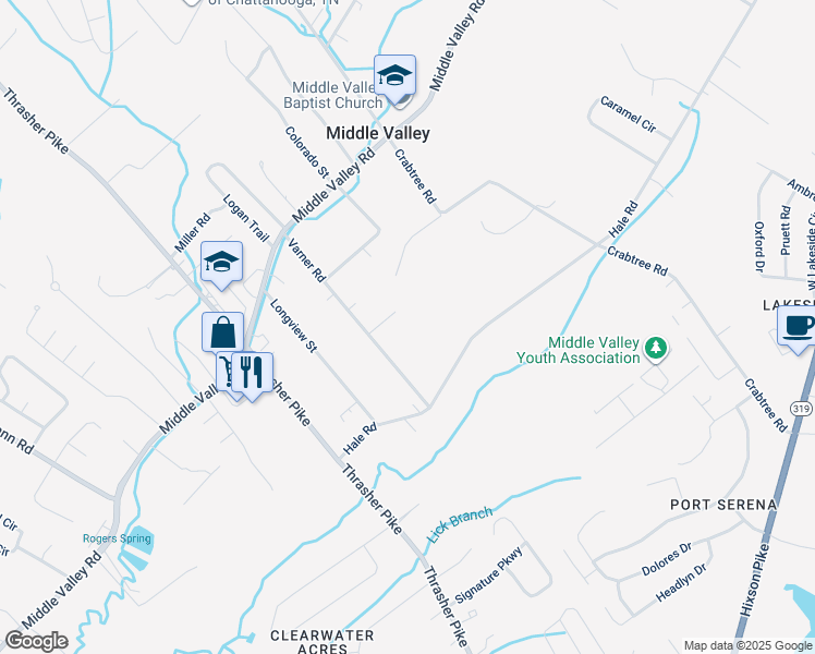 map of restaurants, bars, coffee shops, grocery stores, and more near 1735 Varner Road in Middle Valley
