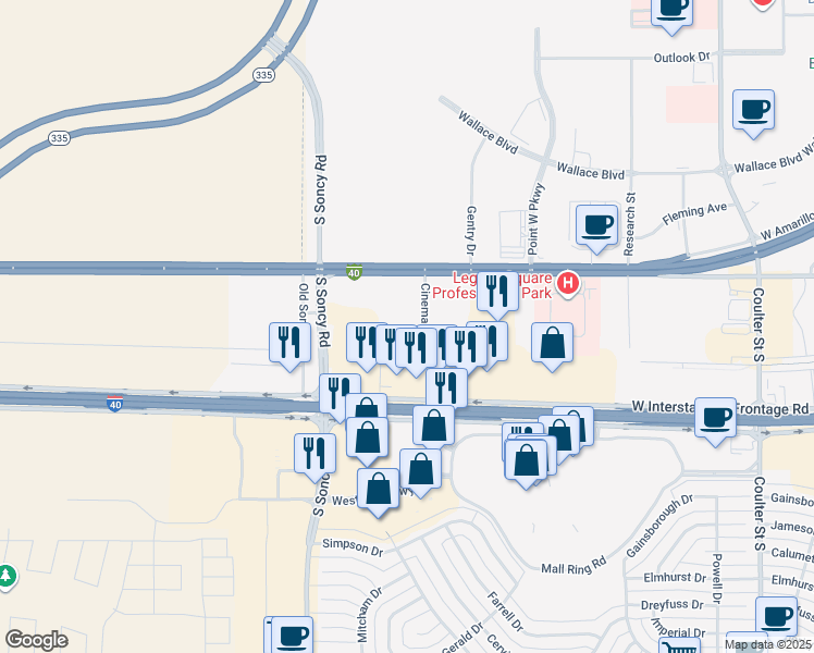 map of restaurants, bars, coffee shops, grocery stores, and more near 2100 Cinema Drive in Amarillo