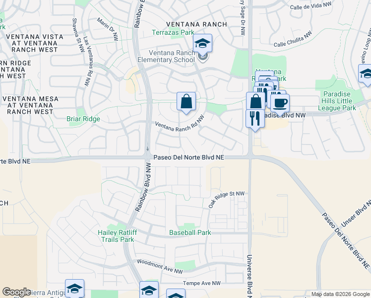 map of restaurants, bars, coffee shops, grocery stores, and more near 9420 Corsico Place Northwest in Albuquerque