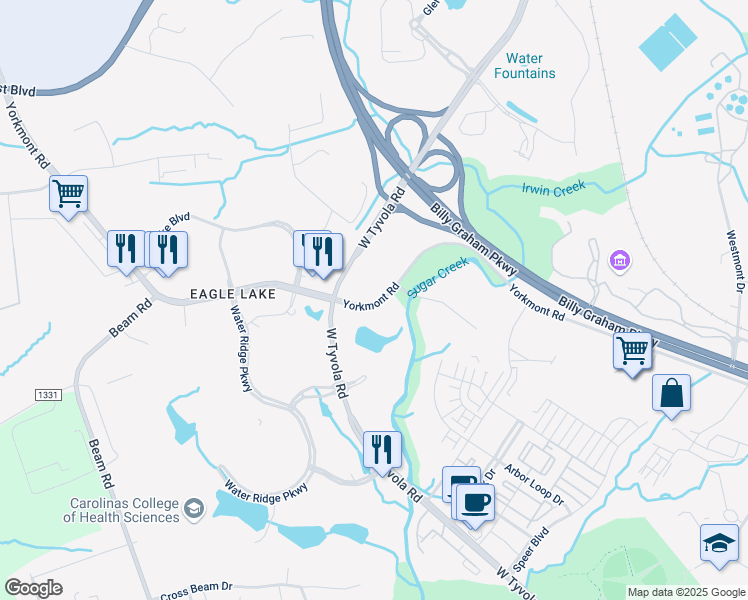 map of restaurants, bars, coffee shops, grocery stores, and more near 2400 Yorkmont Road in Charlotte