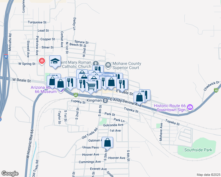 map of restaurants, bars, coffee shops, grocery stores, and more near 427 East Beale Street in Kingman