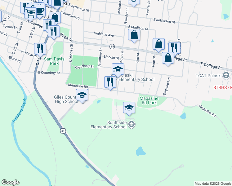 map of restaurants, bars, coffee shops, grocery stores, and more near 631 South Cedar Lane in Pulaski
