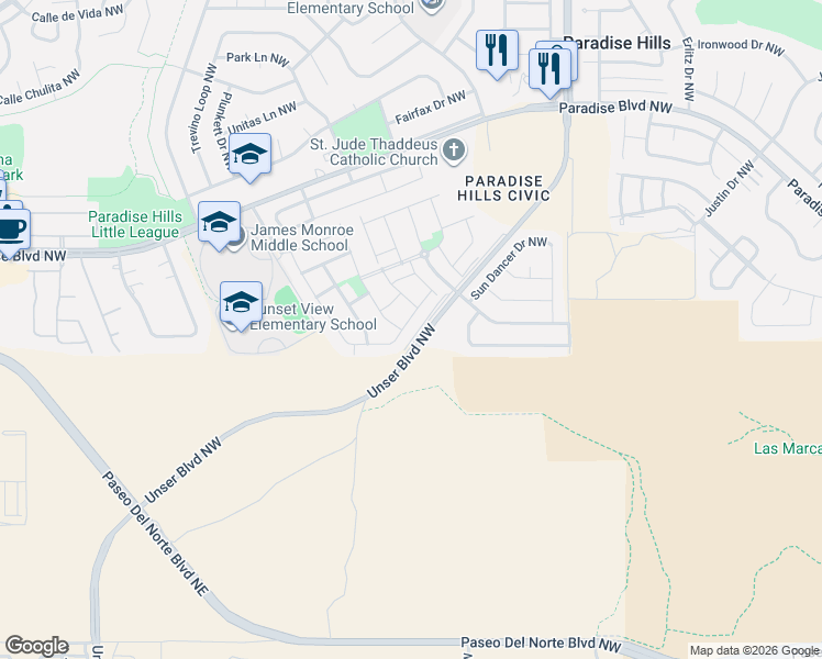 map of restaurants, bars, coffee shops, grocery stores, and more near 9505 Stone Ridge Drive Northwest in Albuquerque