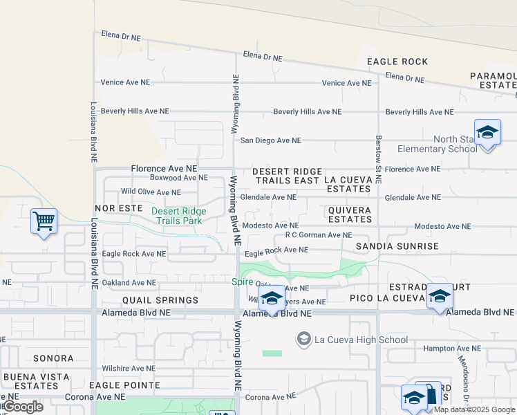 map of restaurants, bars, coffee shops, grocery stores, and more near 7711 Modesto Avenue Northeast in Albuquerque