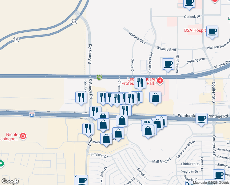 map of restaurants, bars, coffee shops, grocery stores, and more near 2100 Cinema Drive in Amarillo