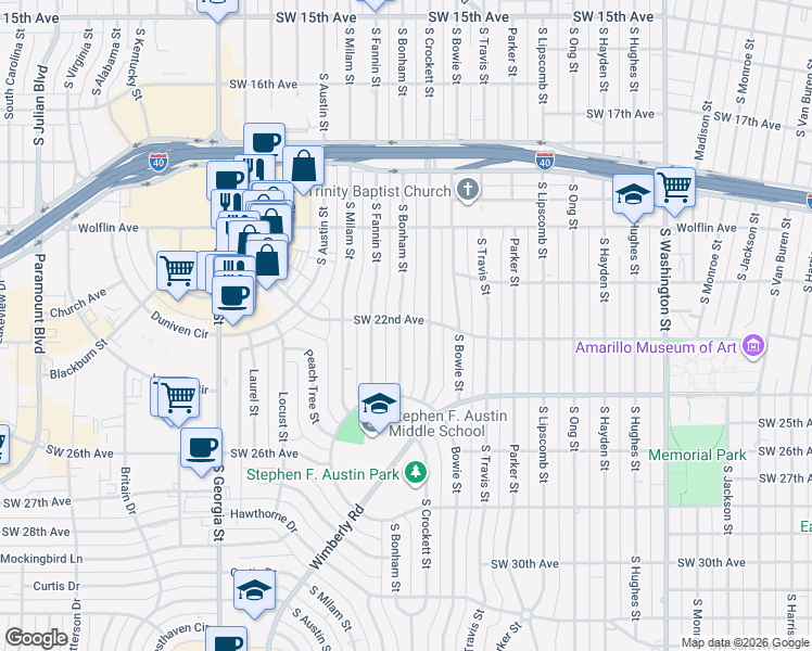 map of restaurants, bars, coffee shops, grocery stores, and more near 2201 South Bonham Street in Amarillo