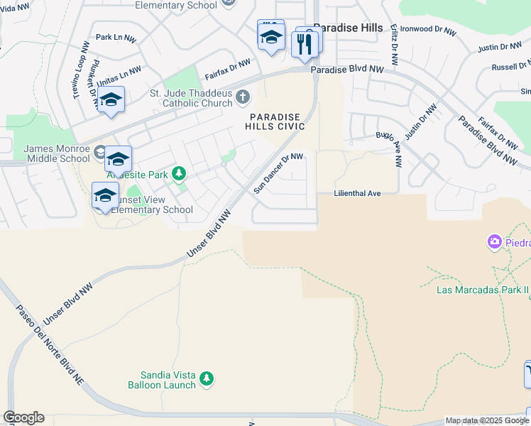 map of restaurants, bars, coffee shops, grocery stores, and more near 5660 Blue Feather Avenue Northwest in Albuquerque