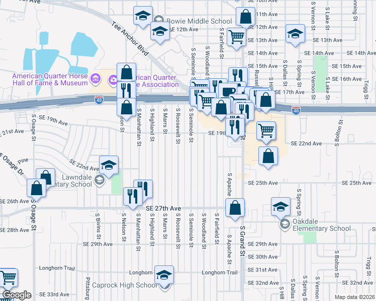 map of restaurants, bars, coffee shops, grocery stores, and more near 1911 South Roosevelt Street in Amarillo