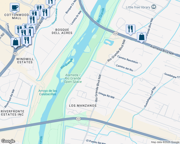 map of restaurants, bars, coffee shops, grocery stores, and more near 8907 Rio Grande Boulevard Northwest in Los Ranchos de Albuquerque