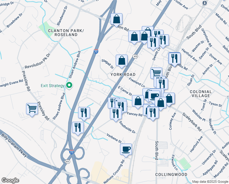 map of restaurants, bars, coffee shops, grocery stores, and more near 5116 York Park Lane in Charlotte