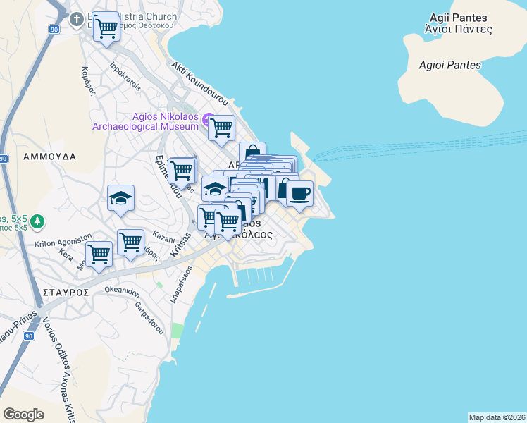 map of restaurants, bars, coffee shops, grocery stores, and more near 25is Martiou in Agios Nikolaos