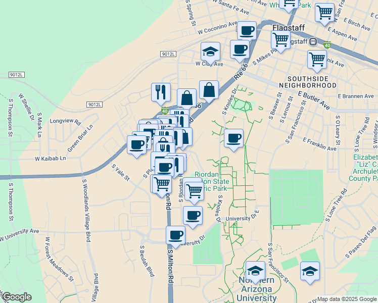 map of restaurants, bars, coffee shops, grocery stores, and more near Riordan Ranch Street in Flagstaff