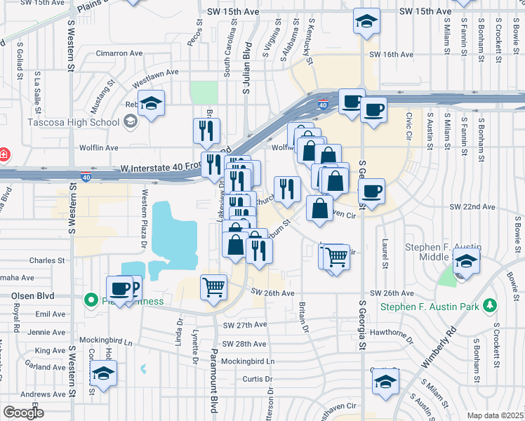 map of restaurants, bars, coffee shops, grocery stores, and more near 3005 Church Avenue in Amarillo