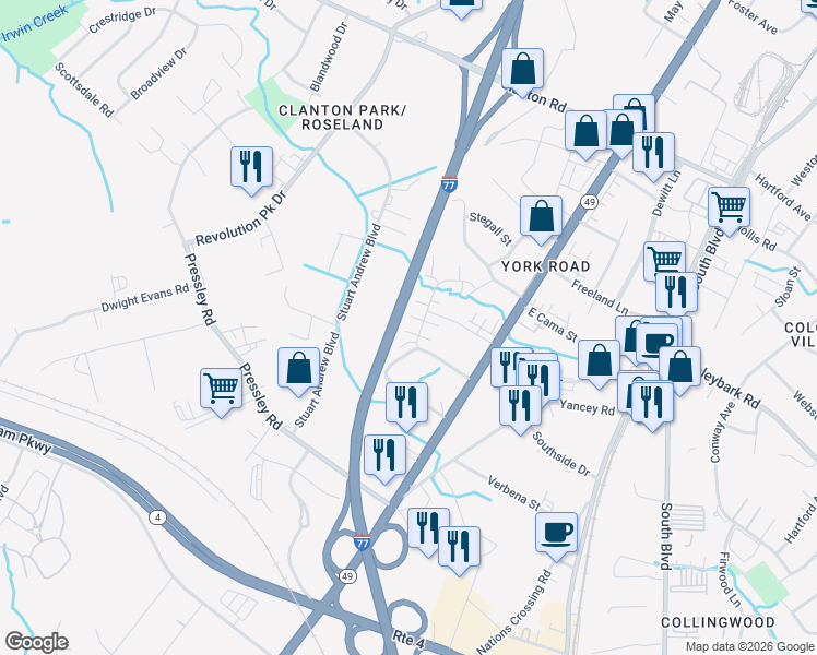 map of restaurants, bars, coffee shops, grocery stores, and more near 150 Orchard Circle in Charlotte