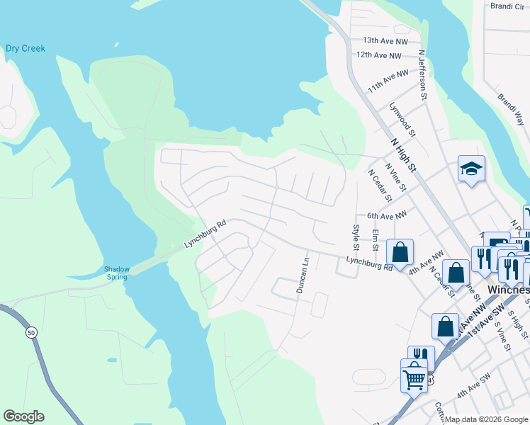map of restaurants, bars, coffee shops, grocery stores, and more near 285 Bell View Lane in Winchester
