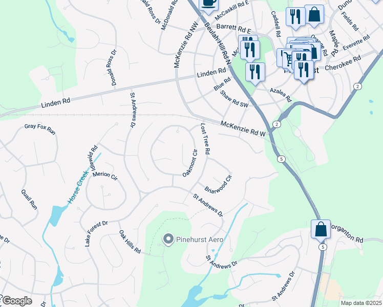 map of restaurants, bars, coffee shops, grocery stores, and more near 55 Oakmont Circle in Pinehurst