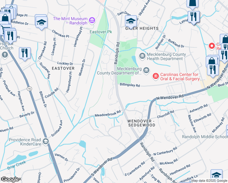 map of restaurants, bars, coffee shops, grocery stores, and more near 3625 Eastover Ridge Drive in Charlotte
