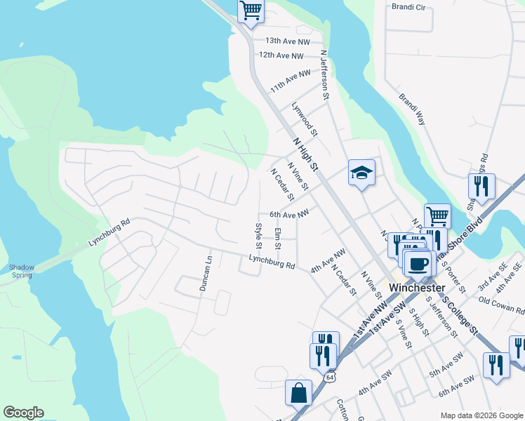 map of restaurants, bars, coffee shops, grocery stores, and more near 508 6th Avenue Northwest in Winchester