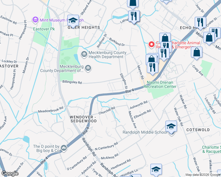 map of restaurants, bars, coffee shops, grocery stores, and more near 3711 Uwharrie River Road in Charlotte