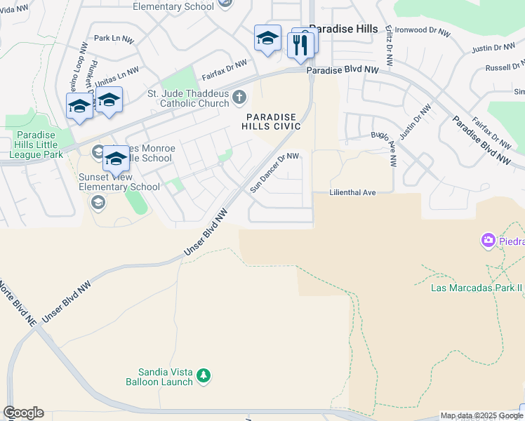 map of restaurants, bars, coffee shops, grocery stores, and more near 5660 Blue Feather Avenue Northwest in Albuquerque