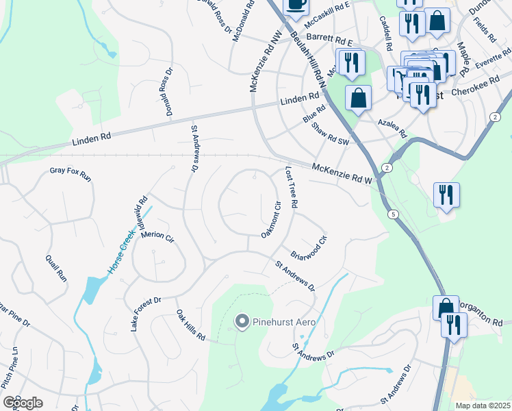 map of restaurants, bars, coffee shops, grocery stores, and more near 9 Lacosta Lane in Pinehurst