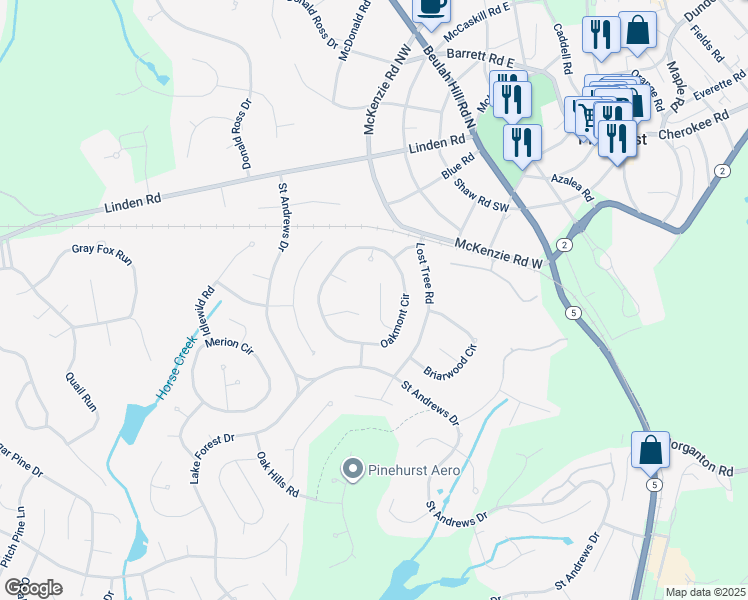 map of restaurants, bars, coffee shops, grocery stores, and more near 9 Lacosta Lane in Pinehurst