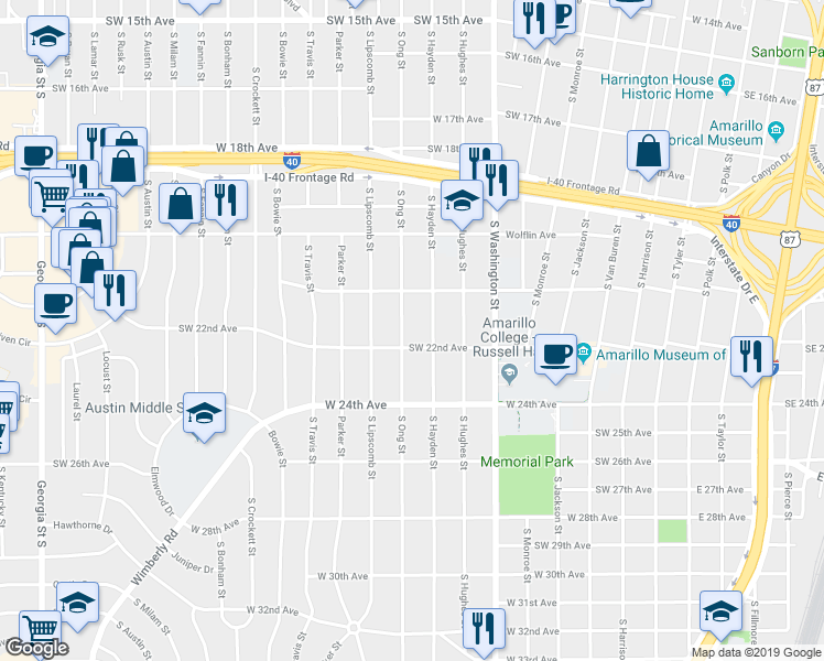 map of restaurants, bars, coffee shops, grocery stores, and more near 2112 South Hayden Street in Amarillo