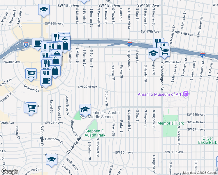 map of restaurants, bars, coffee shops, grocery stores, and more near 2108-2110 South Travis Street in Amarillo