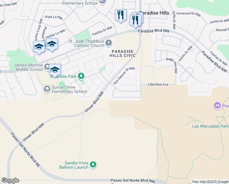 map of restaurants, bars, coffee shops, grocery stores, and more near 9512 Cache Creek Drive Northwest in Albuquerque