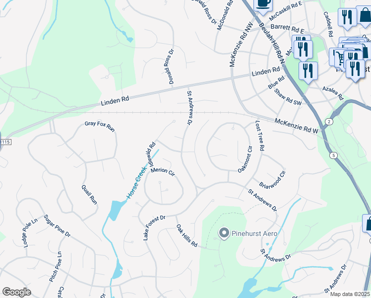 map of restaurants, bars, coffee shops, grocery stores, and more near 95 Tamarisk Lane in Pinehurst