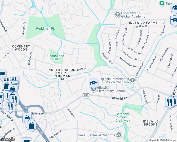 map of restaurants, bars, coffee shops, grocery stores, and more near 6017 Amity Place in Charlotte