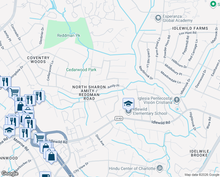 map of restaurants, bars, coffee shops, grocery stores, and more near 5938 Amity Place in Charlotte