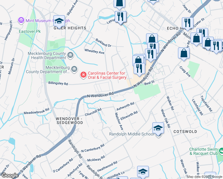 map of restaurants, bars, coffee shops, grocery stores, and more near 529 Nantahala Drive in Charlotte