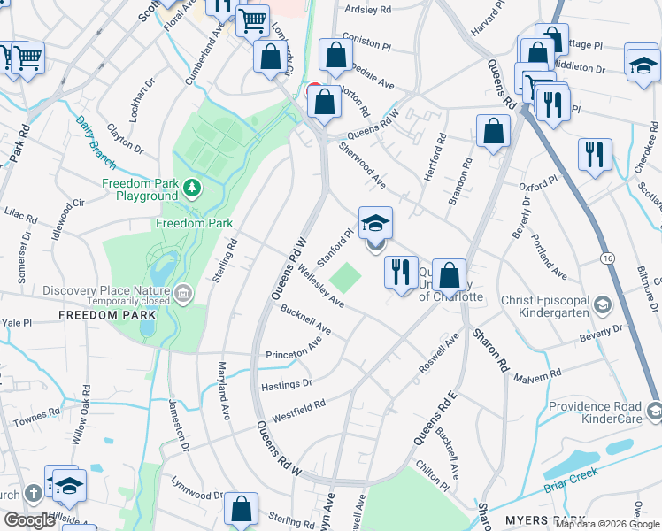 map of restaurants, bars, coffee shops, grocery stores, and more near 1553 Stanford Place in Charlotte